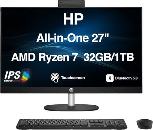 HP 27” Touchscreen FHD All-in-One Desktop, AMD Ryzen 7 7730U, 32GB/1TB | Jet Black AIO with Adjustable Height,AMD Radeon Graphics,WiFi6+BT 5.3, 1080p IR Webcam,Win 11 Pro,w/Wireless Keyboard+Mouse