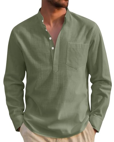 J.VER Linen Shirts Men Long Sleeve Regular Fit Casual Summer Beach Cotton Henley Shirt with Pocket