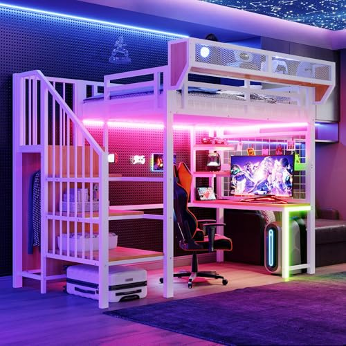 Huayz Cama alta de metal, 90 x 200 cm, con escritorio, estante, cama para niños con escalera de almacenamiento, LED y toma de corriente, multifuncional, para niños y jóvenes, sin colchón (blanco, 90 x