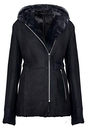 Infinity Leather Cappotto da Donna Elegante in Pelle di Montone Scamosciato con Montone con Cappuccio Snowtip Nero S