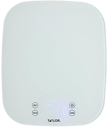 Taylor Pro, Digitale Küchenwaagen für Lebensmittel, Kompakter Professioneller Standard mit Präzisionsgenauigkeit, Wasserdichtem Design und Tara-Funktion, Weißes Glas, Wiegekapazität 14 kg bzw. 14 l