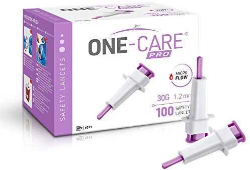 ONE-CARE PRO Safety Lancets, Top Push Button Activated, 30G x 1.2mm, 100/bx, Sterile, Gentle & Comfortable Sampling