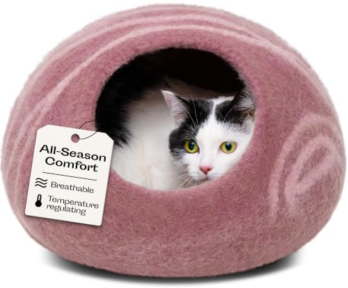 MEOWFIA Cat Cave – Premium Felt Cat Bed for Indoor Cats, Handmade Merino Wool (Gold Rose, Medium)