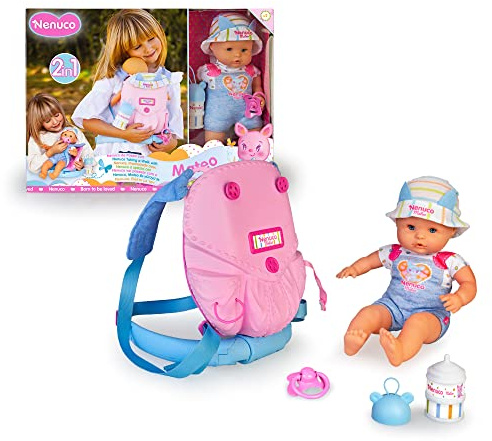 Nenuco - De Paseo con Mateo, muñeco de Cuerpo blandito 35 cm, con Mochila portabebés para trasportín 2 en 1 Que se transforma en Hamaca, con Accesorios de Juguete, Chupete y bibe, Famosa (700017206)