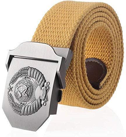 Bodmind Canvas Belt Stoffgürtel,3D Sowjetisches Nationalemblem Personalisierte Gelbe Emblem Kunst Verstellbarer Schnitt Zu Golf Gürtel Flip Top Schnalle Metall Jeans Für Männer Bund Armee Militär TA