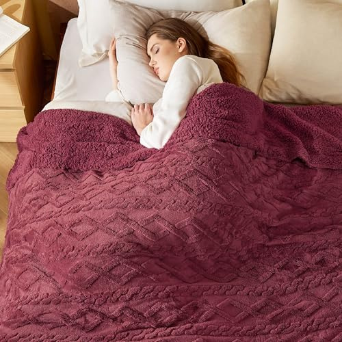 Bedsure Jacquard Sherpa Fleece Blanket - Sofa Throw, Twin, Red, 150x200cm | Sherpa and Jacquard Shaggy, Warm, Winter, Thick, Soft, Sofa, Bed, Throw, Home Decoration, Gift