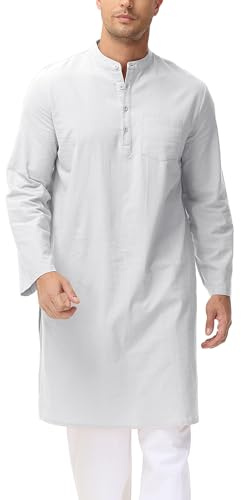 LVCBL Men's Button Up Thobe Long Sleeve Linen Kaftan Islamic Robes with Pockets White XL