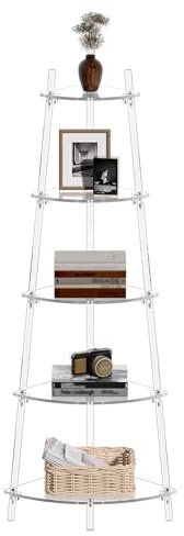 CRTERICX Libreria angolare in acrilico, altezza 154,9 cm, libreria a scala trasparente a 5 ripiani per piccoli spazi, scaffale angolare multiuso per soggiorno, bagno, ufficio