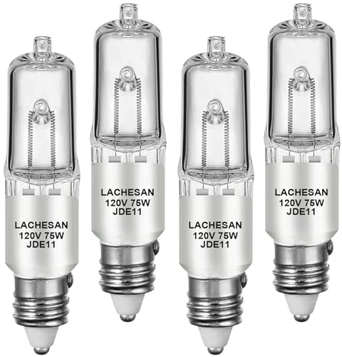 Lachesan JDE11 120v 75w, 55mm E11 Halogen Bulb（Replacement E11 Led Bulb） T4 Mini Candelabra Base, 2700K Warm White Dimmable for Chandeliers, Ceiling Fan, Table Lamps, Cabinet Lighting, 4 Pack