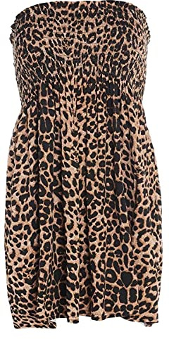 Women's Plain Printed Sheering Top Off-Shoulder Boobtube Style Shirt Ladies Beach Summer Mini Dress Gator Bandeau Oversized Strapless Boob Tube Plus Size Leopard 16-18