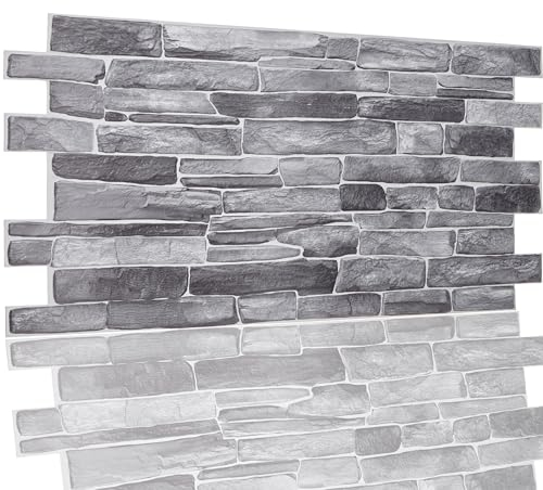 3D Wandpaneele Set von 10 Platten, die 4,61 qm Abdecken – Dekorative PVC, Wandverkleidung aus Kunststoffplatten - Panel Größe: 96 cm x 48 cm, Natürlicher Grauer Stein mit Mauerwerk Effekt