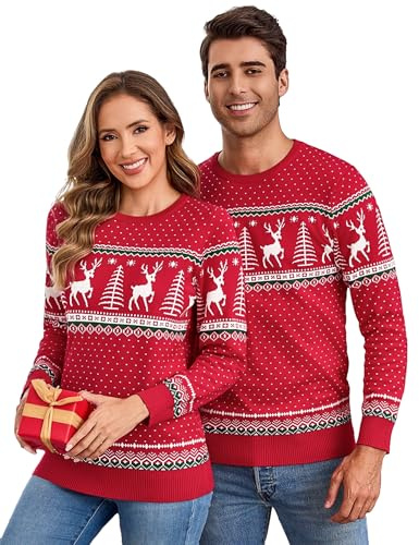 Aottori Maglione Natalizio Donna Girocollo Maglia Natale Coppia Maglioni Natalizi Famiglia Maglieria Lavorato Natalizi Renna Fiocco di Neve Autunno Inverno Rosso L