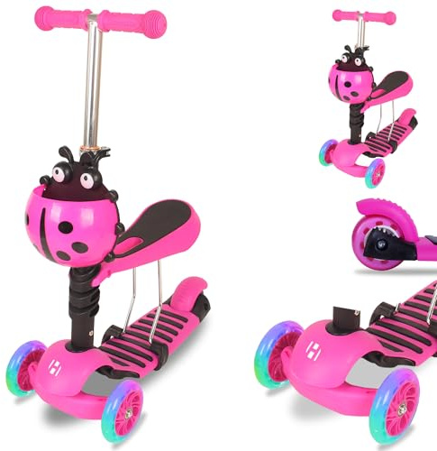 Habib 3-in-1 Kinderroller für Jungen und Mädchen - Abnehmbarer Sitz, LED-Räder, Höheverstellbarer Lenker, Tretroller - Kinder Roller Outdoor Spiel, für 2-8 Jahre Kinder - Pink
