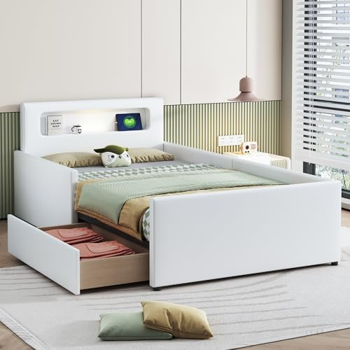 Lettino imbottito per bambini, 90 x 200 cm, con luce notturna e porta di ricarica USB, con scomparti, pannelli laterali rialzati per la sicurezza, semplice letto singolo, per ragazzi e ragazze, in