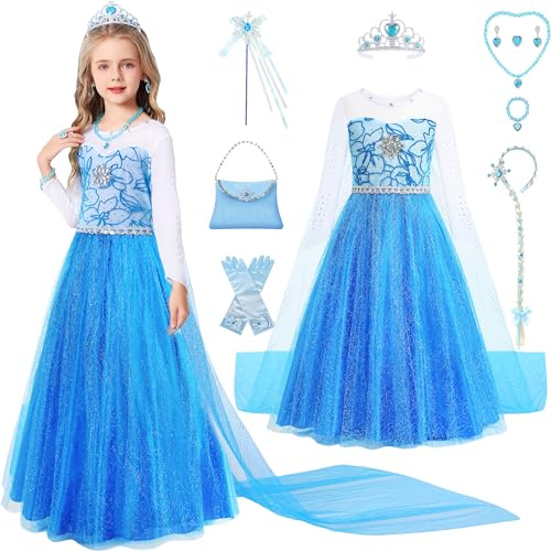 Velmawig Costume da principessa Elsa da ragazza, vestito da Elsa regina di ghiaccio, costume da carnevale per bambini, Elsa vestito da bambina con treccia bacchetta magica corona guanti, collana