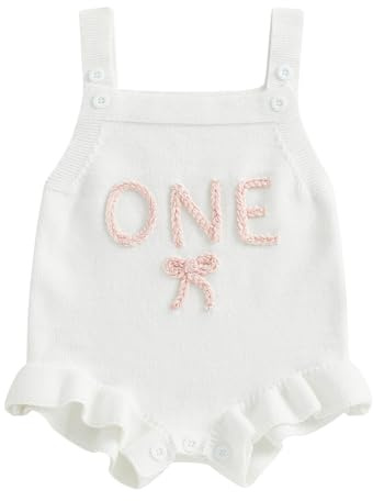 Infant Baby Girl 1st Birthday Knit Romper Knitted Bodysuits Sleeveless Letter Floral Embroidery Ruffle Jumpsuit Pageant Baptism Warm Jumper Overalls Chunky Knitwear (Light White, 6-12 Months)