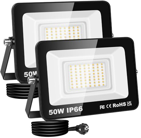 RIGIDON Projecteur Led Extérieur Avec Prise, 2x 50W 5000LM IP66 étanche Éclairage de Sécurité, Spot Led Lampe pour Patio Garage Terrasse Jardin Chantier Muraux Atelier, 3000K Blanc Chaud Luminaires