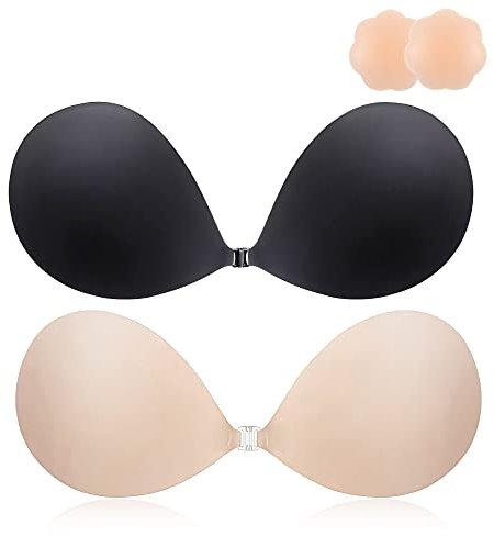 MINIYA 2025 Push Up Sticky Bra, 2 Pack Reusable Adhesive Invisible Backless Strapless Bra, Nude+Schwarz, C