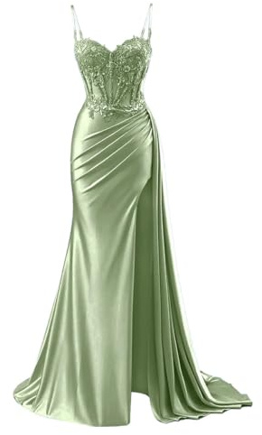 Vestidos de dama de honor de satén para mujer para boda con vestidos de noche formales de sirena de limo, talla grande, Verde Salvia, 44