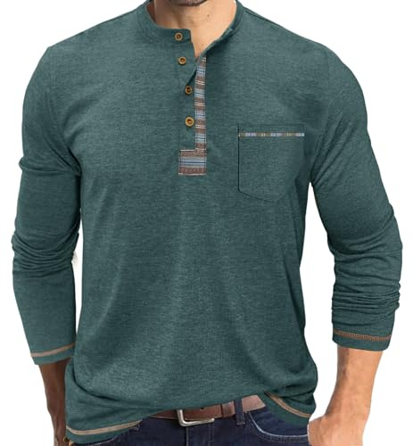 YawYews Maglietta Uomo Manica Lunga Henley T Shirt Maglia con Tasca Bottoni Casual Estive Polo Tshirt Verde L