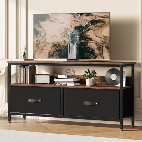 Zstar Mueble de TV bajo con 2 cajones y 2 estantes, Mesa de TV de Madera, Estante de TV para TV de hasta 55 Pulgadas, 99 x 57 x 30 cm, Ideal para el salón