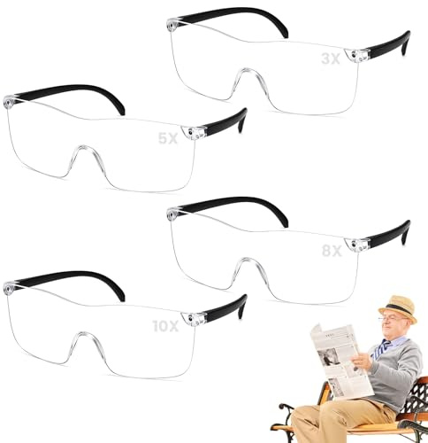 kelav Lupenbrille Leselupe 4 Stück, Brillenlupe für Brillenträger mit 300%, 500%, 800%, 1000%, Antiblaues Licht Transparente Vergrößerungsbrille, Magnifying Glasses für Senioren Lesen