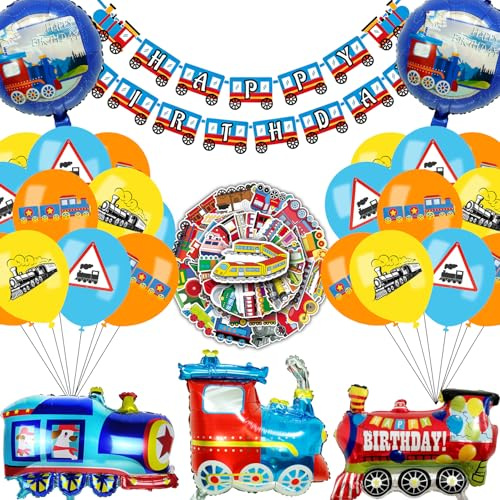 Ezydka Set de Decoración de Cumpleaños Tren - Decoraciones de Fiesta Tren con Guirnalda Happy Birthday, Pegatinas, Globo Foil, Globos para Decoración de Fiesta, Decoración de Cumpleaños