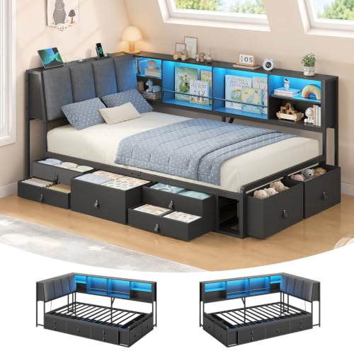 lit 90x190 avec sommier, Lits Banquette 1 Place 90x190 Métal ,Lit à Rangement Triple avec 7 Tiroirs, Coffre, Dossier Inclinable 105°, LED RGB +USB/Type-C, Idéal Studio, Chambre Étudiant & Enfant