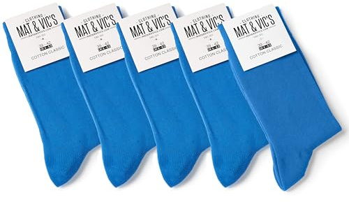 Mat & Vic’s Calcetines Hombre Algodon 100% Sin Costuras – para Hombres y Mujeres – Calcetines Hombre Vestir – Cómodos, Finos y Transpirables – Negro o Multicolora – 5 Pares – Fun Blue