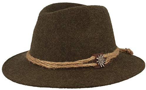 Breiter Original Herren Trachtenhut, Filzhut, Wanderhut Tiroler-Art, 100% Wolle, Hanfkordel, Edelweiß & schmaler Krempe Olive 55