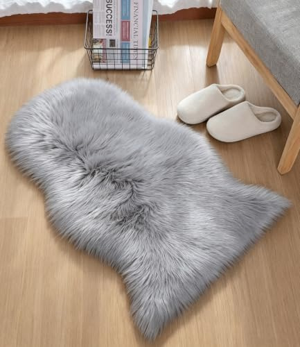 HEQUN Faux Fur Sheepskin Style Rug Faux Fleece Chair Cover Seat Pad Soft Fluffy Shaggy Area Rugs For Living Room Bedroom Sofa Floor(grey,Arc 75 X 120 CM)