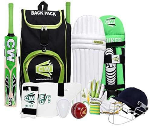 CW Bullet högerhand cricketset grön alla växlar cricketpaket skyddsutrustning full uppsättning 12-13 år läderboll fladdermus storlek