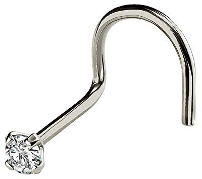 Jewelry Avalanche Solid 14Kt Gold Nose Screw, 24G (0.5mm) Nose Hook, Nose Stud, 14kt Yellow Gold or 14kt White Gold Nose Ring Prong Set CZ Accent-W1.5mm