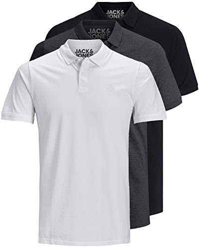 JACK & JONES 12171776 - Confezione da 3 polo da uomo slim fit, a maniche corte, colore nero, bianco, blu, grigio, taglie: XS, S, M, L, XL, XXL, M