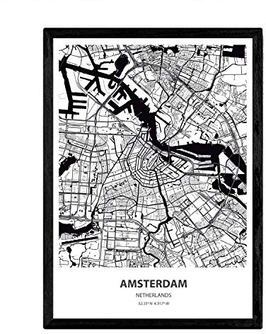 Nacnisk affisch med karta över Amsterdam - Holland. Blad av städer i Holland och Belgien med hav och floder i svart färg. A3-storlek