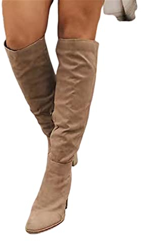 Syfinee Damen Stiefel, Wildleder, Modisch, Overknee, Blockabsatz, Stretch-Passform, Winter, Einfaches Anziehen, Beige, 41 EU