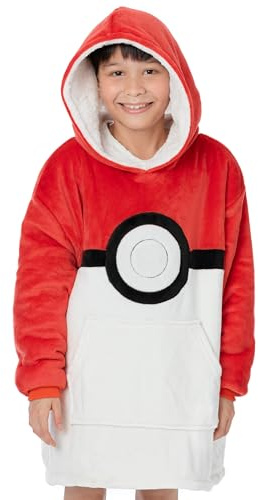 Pokemon Kids Blanket Hoodie | Pokeball Red Game Design | Gamers Oversized Double Lined Sherpa Fleece Yellow Sweatshirt for Kids | One Size Loungewear | Gaming Series Merchandise Gift Children