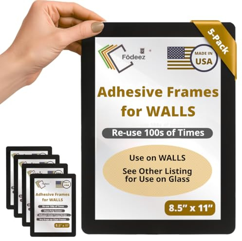 Fodeez 8.5 x 11 Adhesive Wall Frames - Peel & Stick Picture Frames, Wall Sign Holder, Paper & Letter Protector Sheets, Reusable, Dry Erase, Non Magnetic & Non Acrylic - Black, Pack of 5