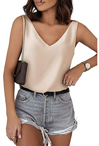 FeMereina Womens Silk Satin Tank Tops V Neck Casual Cami Sleeveless Camisole Blouses Summer Basic Tank Shirt (Creamy White, M)
