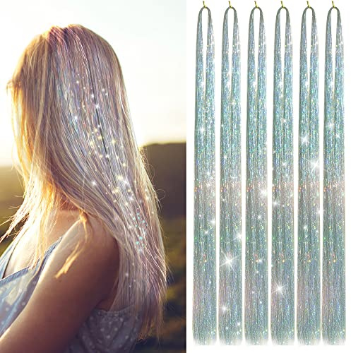 Hair Tinsel Kit with 47INCH 1200 Strands Heat Resistant Glitter Tinsel Hair Extension, Sparkling Shinny Fairy Hair Accessories for Women Girls Kids Festival Party Dazzle (Silver)