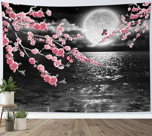LB Sea Moon Tapestry Wall Hanging,Japanese Pink Flower Room Decor,150x100cm | Black Landscape Wall Tapestry,Aesthetic Wall Art Decor,Washable,for Bedroom Living Room Garden Classroom Dorm Home Office