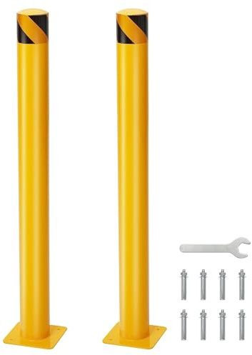 Garvee Safety Bollard 2 Pack 48 in Height Bollard Post, 4.5 in Diameter, Yellow Safety Steel Bollard Post with 8 Anchor Bolts, for Traffic Control, Driveway Barrier, Parking Pole