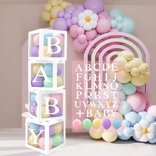 QIFU Baby Shower Balloon Boxes Decorations, 4pcs Balloon Boxes with 27 Letters, 30 Pastel Color Balloons for Boy Girl Baby Shower Birthday Party Decoration Gender Reveal Prom