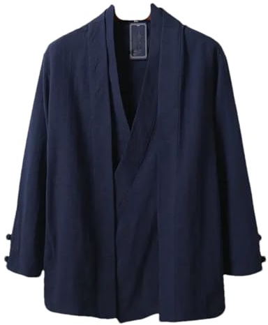 Chinese Style Men Linen Hanfu Cardigan Tops Tea Kung Fu Shirts Japanese Kimono Jackets Coats Robe Oriental Clothing Navy Blue XL