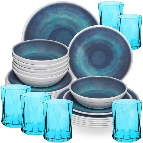 Jesolo Vaisselle en mélamine bleue pour 6 personnes – 24 pièces – avec verres assortis de 300 ml en acrylique – Vaisselle de camping – Vaisselle moderne en mélamine multicolore