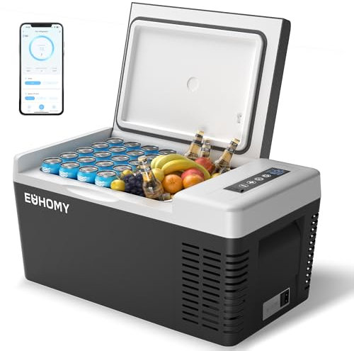EUHOMY 18L Frigorifero Portatile per Auto, Mini Frigo con APP, Minifrigo Temperatura Regolabile - 20~20 ℃, 12/24 V CC e 100-240 V CA, Congelatore WiFi per Campeggio, Esterno, Auto, Nero