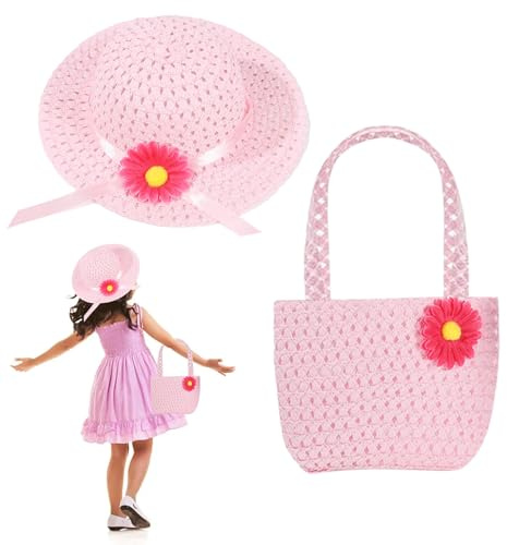 Girls Straw Hat and Handbag Sets, Pink Summer Beach Straw Hat and Mini Handbag Set Cute Sun Cap Girl Foldable Wide Brim Hat Sun Protection Floppy Beach Cap for Little Girls Age 3-12