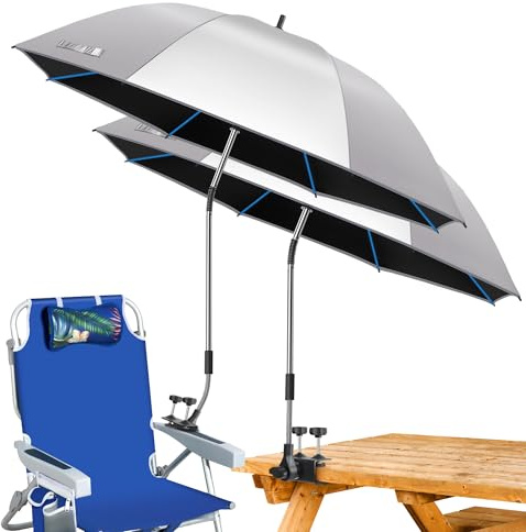 QTREE intelligence Beach Umbrella, 2PACK 48.7inch Chair Umbrella with Clamp adjustable 360°, UV Protection Large Camping Chair Umbrellas for Camping chair, Glof Cart,Table(Chair,Table not include)