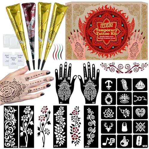 Temporary Tattoo Stencils Kit - 4 Pcs Tattoo Cones 3 Colors Ink (Brown,2* Black,Maroon) |Tattoo Stencils Kit Includes Reusable Stencils, & Gloves | DIY Body Art for Kids & Adults Party Gifts