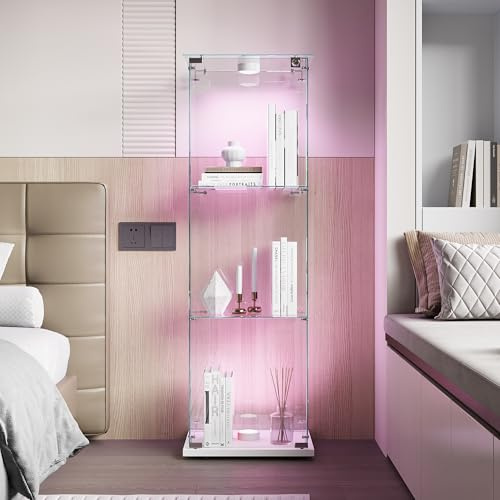 TIMORWTF - Vitrina de cristal con LED, mueble de colección transparente, vitrina con 1 puerta y cerradura, 3 estantes, 123 x 40 x 35 cm, color blanco
